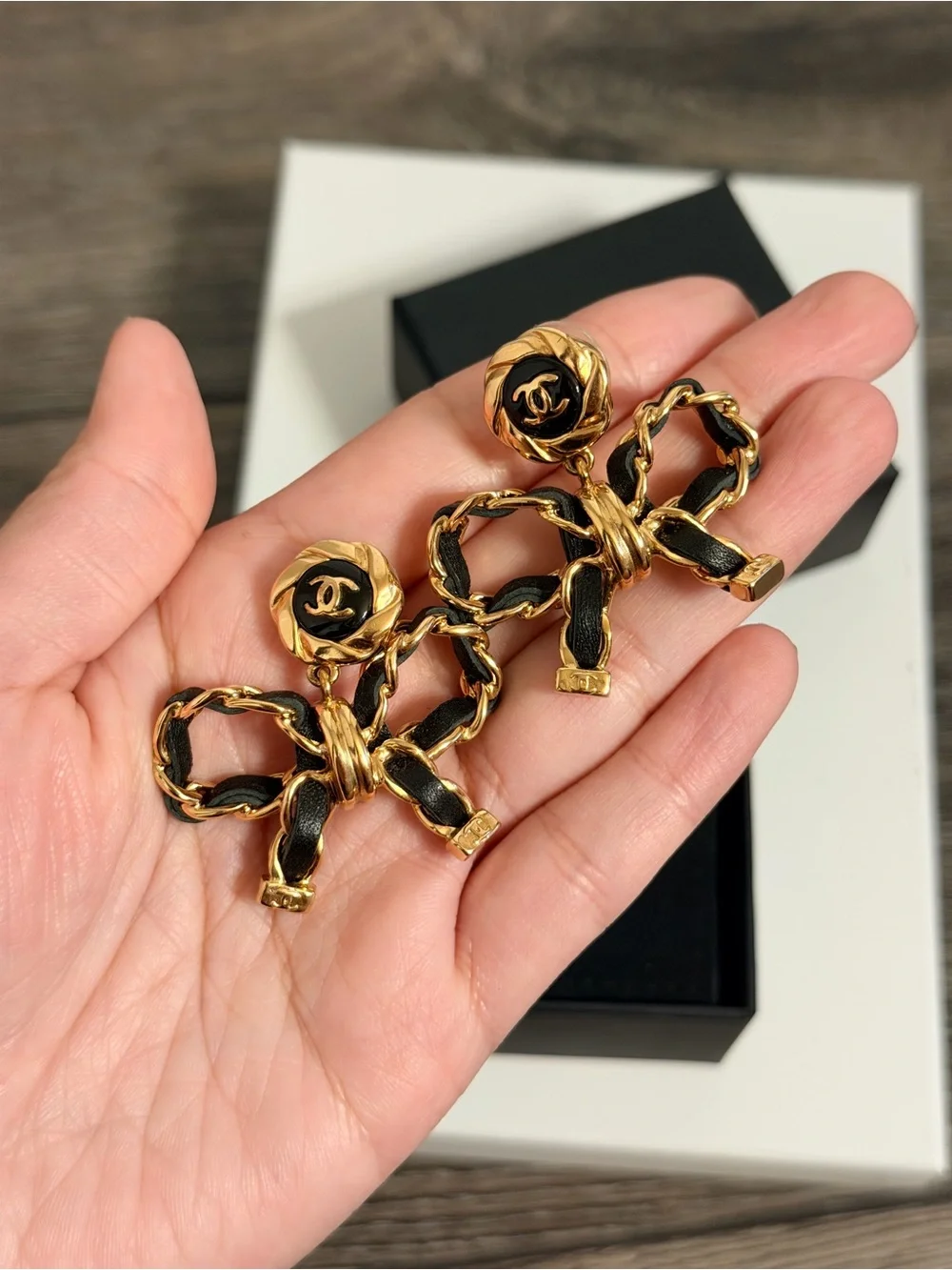 CHANEL Leather Bow CC Gold Dangle Earrings